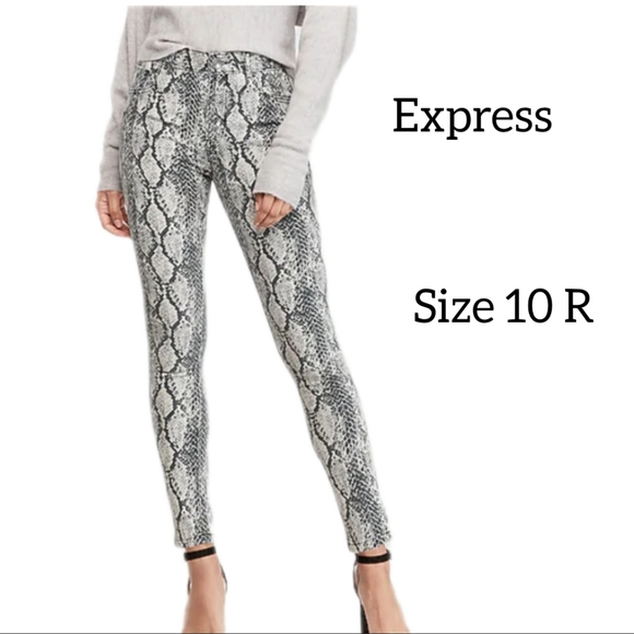 EXPRESS WOMENS ANKLE HIGH RISE JEGGINGS SIZE 10 R BLACK GREY SNAKE PRINT - Picture 1 of 12